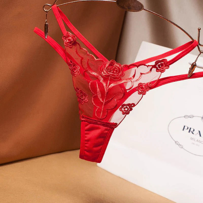 American Style Embroidered Women's Thong Transparent Mesh Thin Belt Temptation Seamless Panty