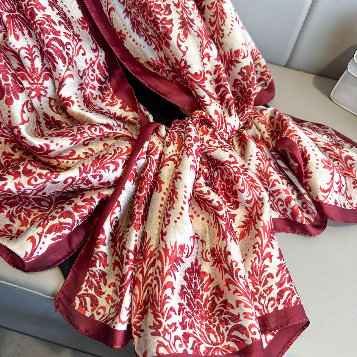Elegant Red Floral Design Luxury Satin Silk Scarf