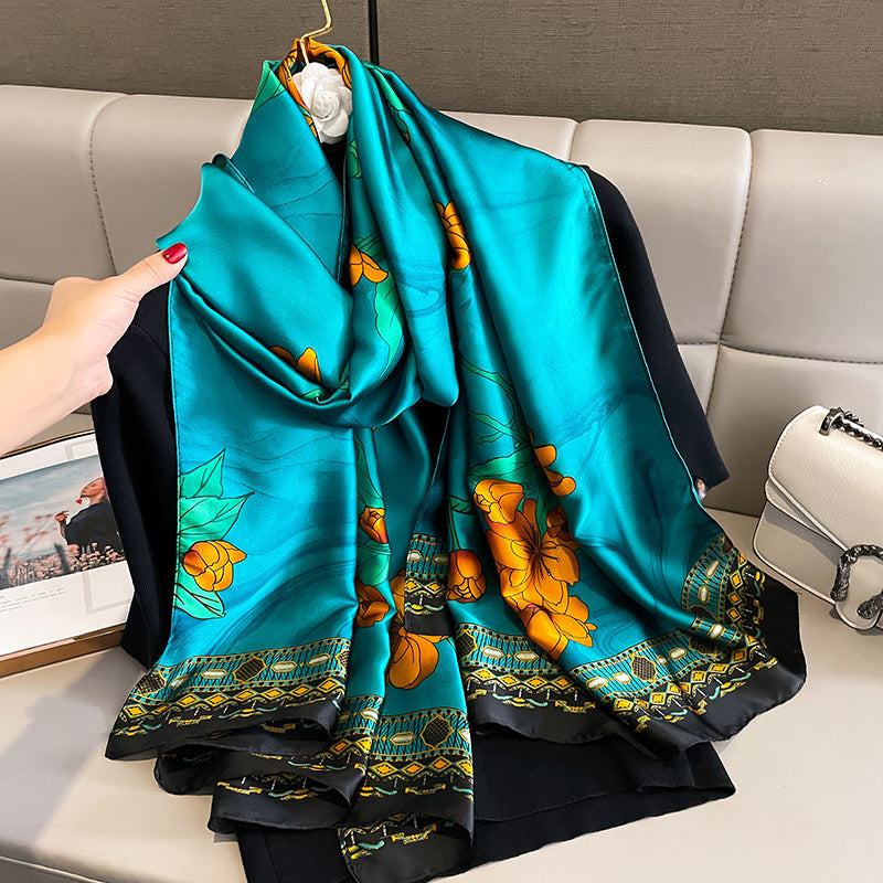 Aqua Floral Printed Luxury Satin Silk Scarf for Women