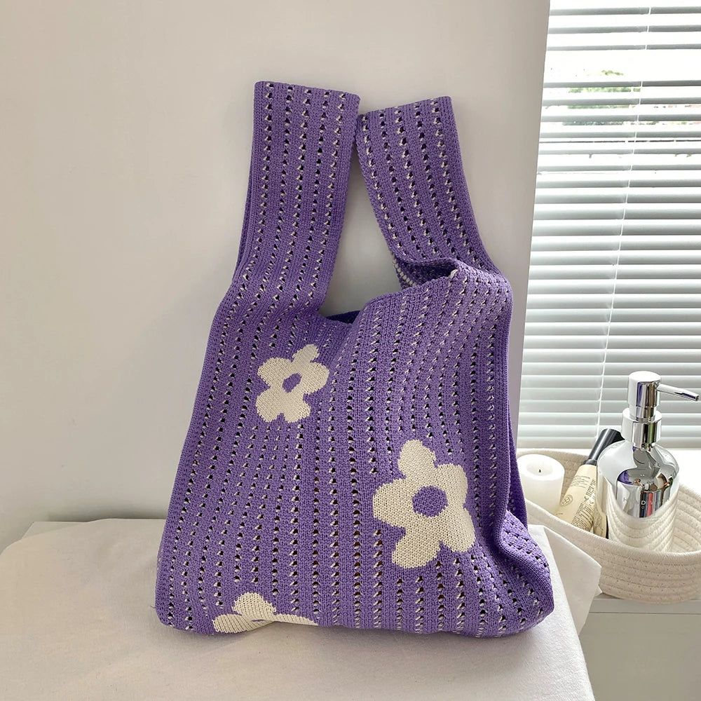 Candy Color Floral Knitted Tote Hand Bag For Women (ALAUDDIN)