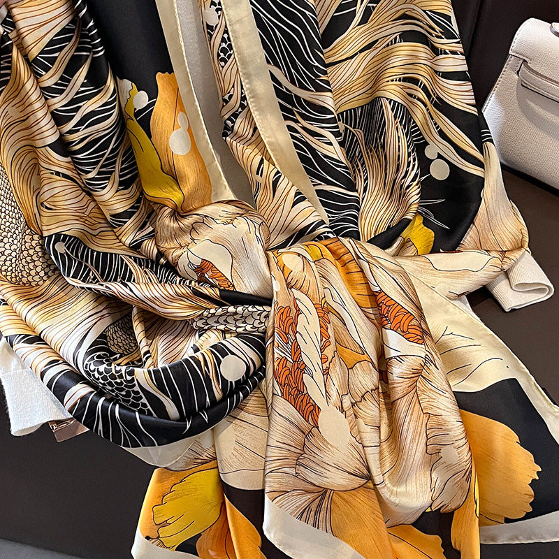 Elegant Floral Design Printed Satin Silk Scarf for Women