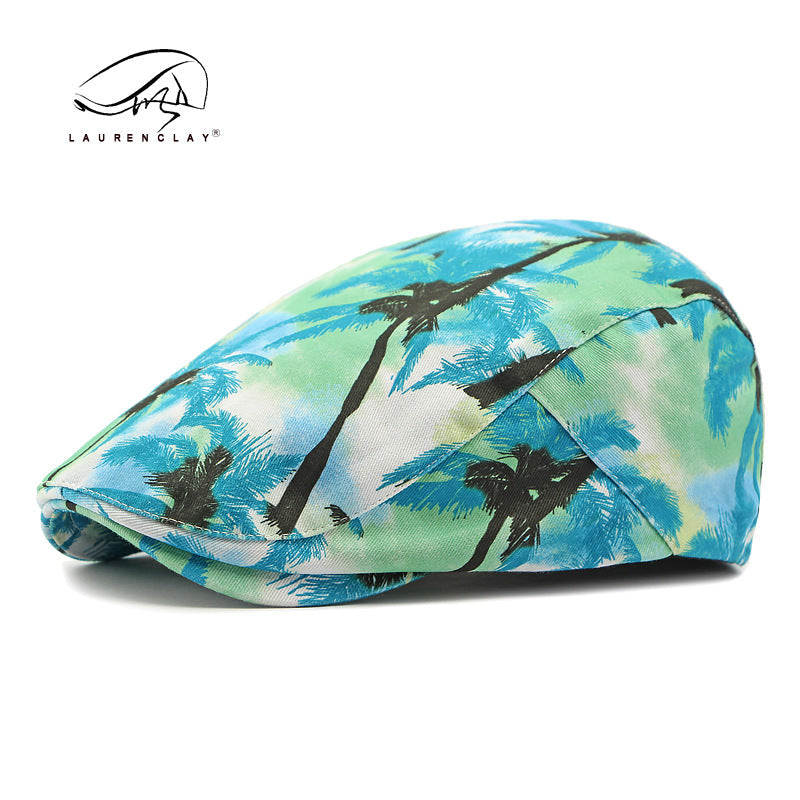Vintage Tie-Dye Beret Beach Coconut Tree Print Versatile Cap