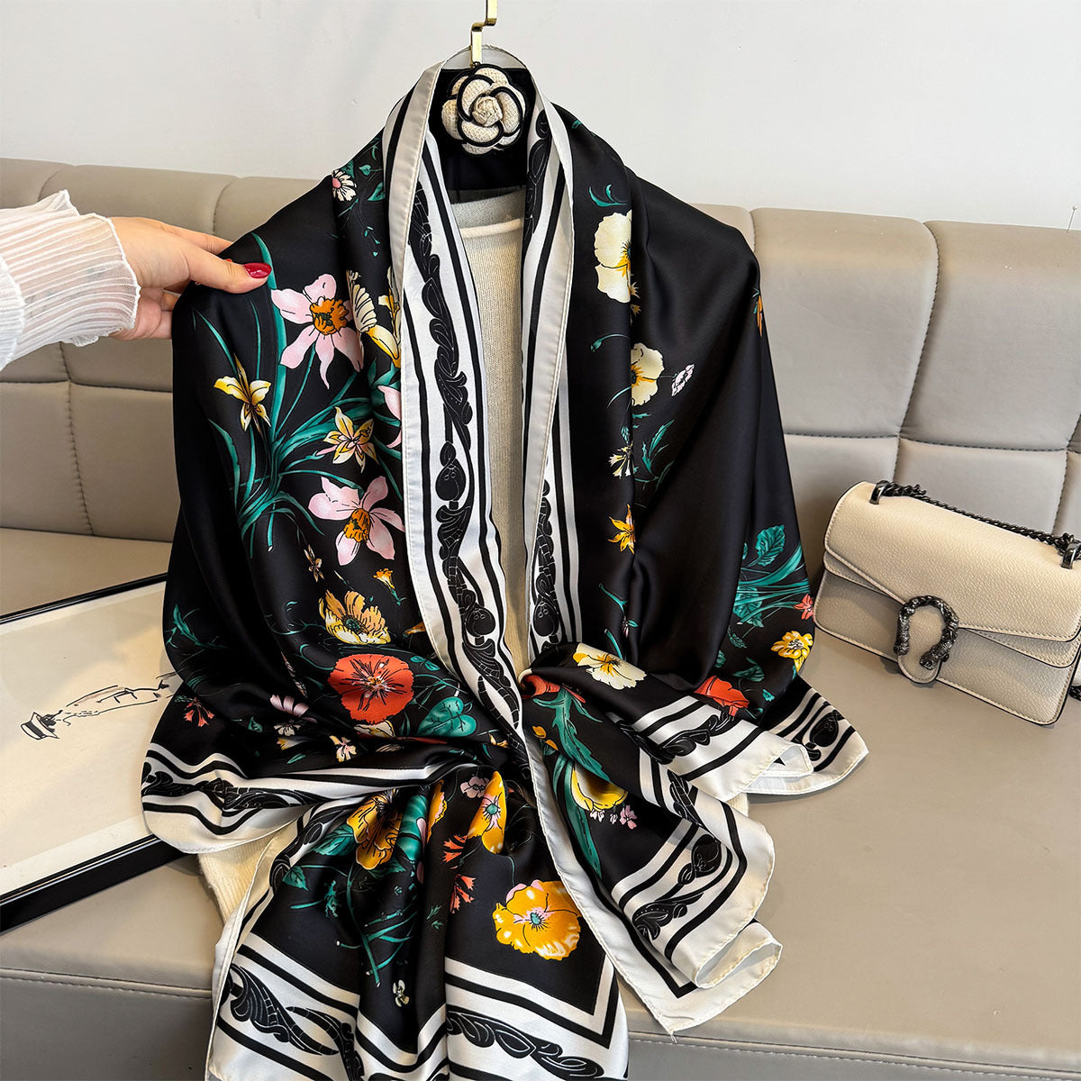 Women's Elegant Black Floral Border Satin Silk Scarf