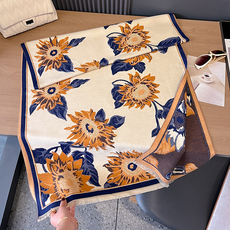 Vintage Style Luxury Floral Design Oil Painting Printed Winter Shawl