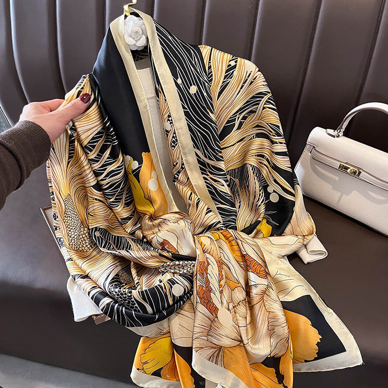 Elegant Floral Design Printed Satin Silk Scarf for Women