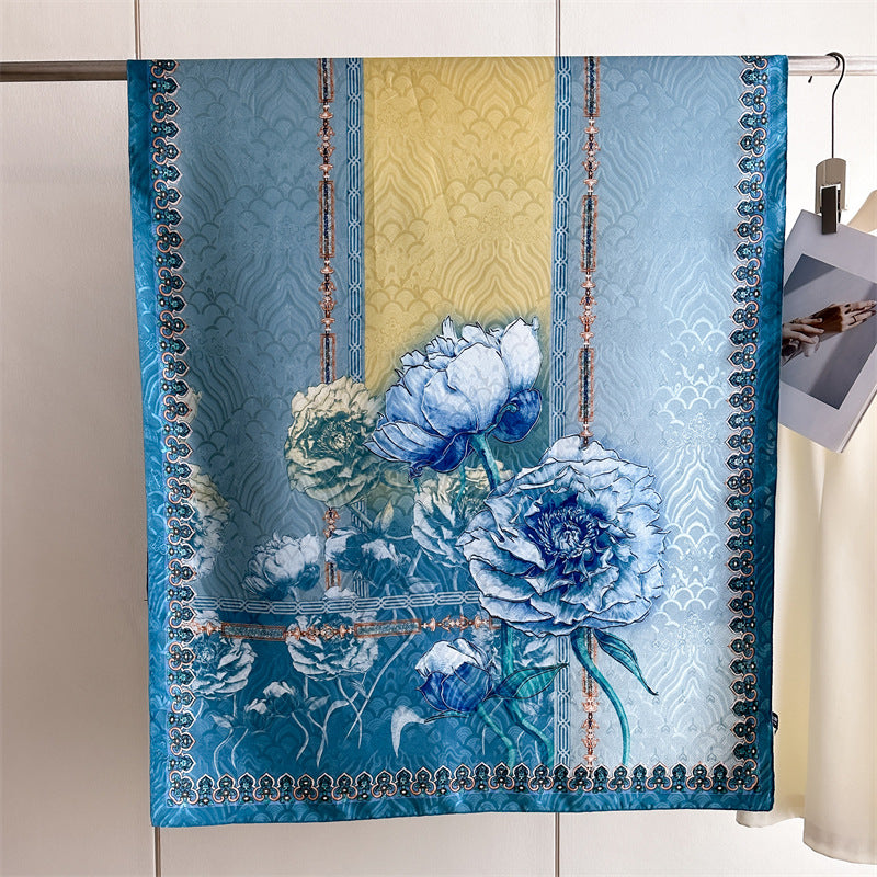 Luxurious Blue Floral Design Printed Satin Silk Scarf
