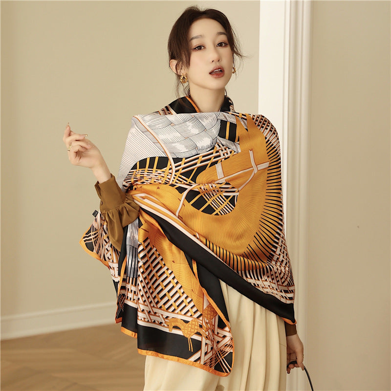 Korean style elegant geometry pattern Satin silk scarf
