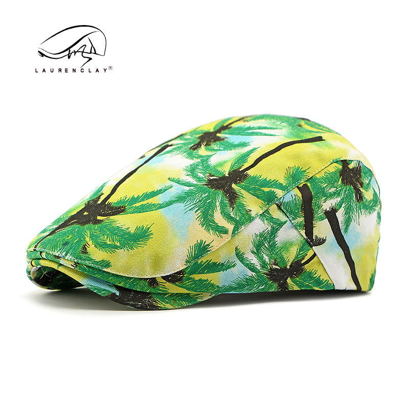Vintage Tie-Dye Beret Beach Coconut Tree Print Versatile Cap
