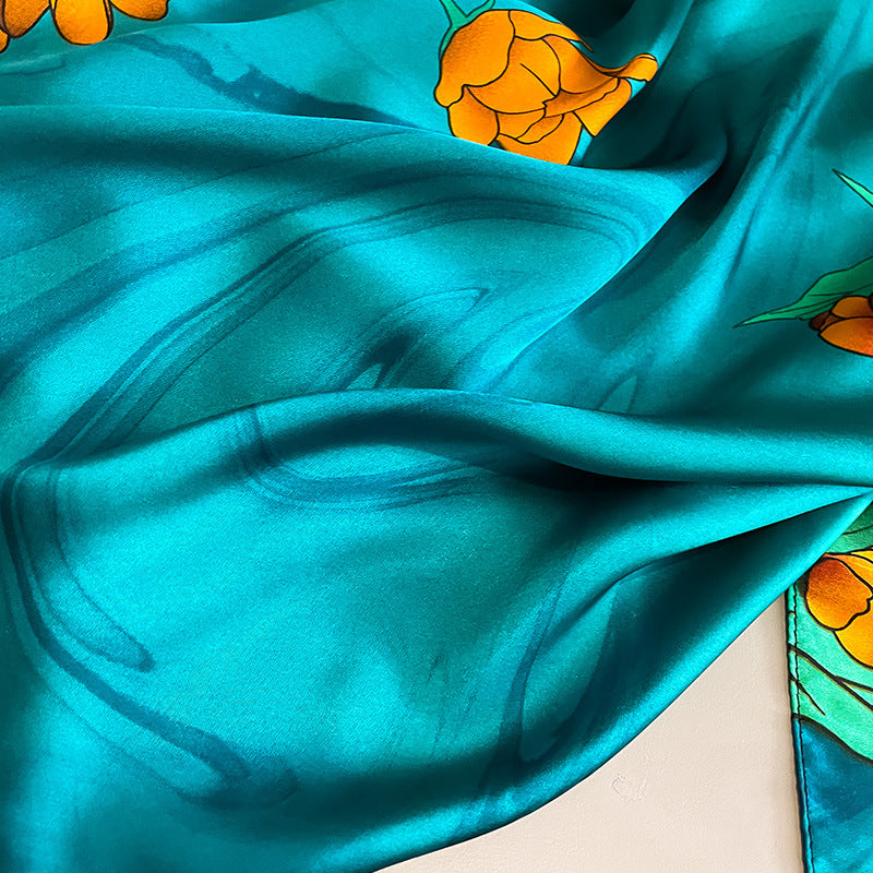 Aqua Floral Printed Luxury Satin Silk Scarf for Women