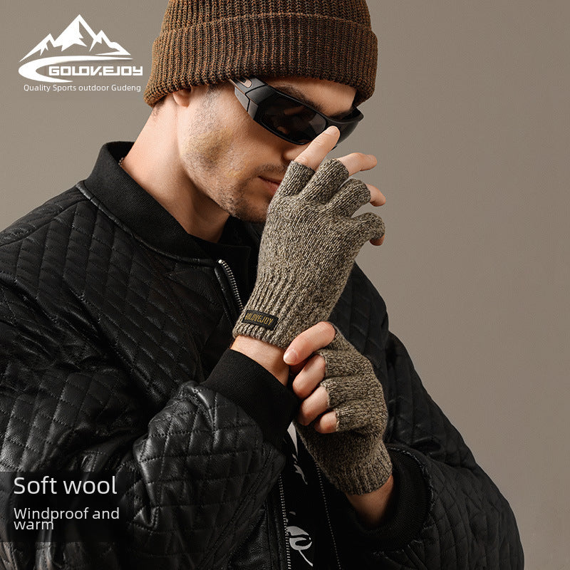 Winter knitted half-finger windproof woolen gloves