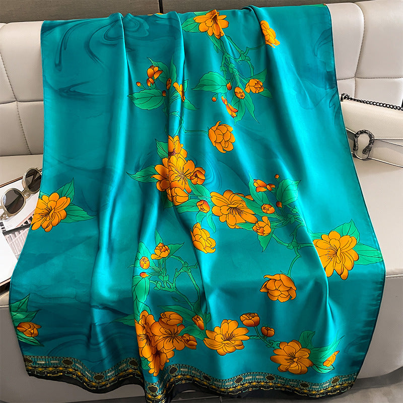 Aqua Floral Printed Luxury Satin Silk Scarf for Women