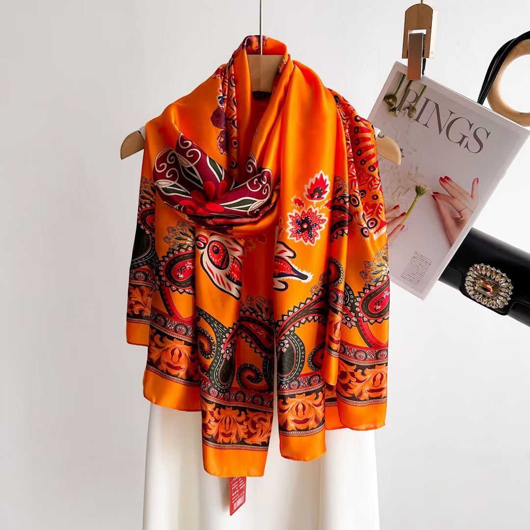 Colorful Floral Design Ethnic Pattern printed Satin Silk Scarf