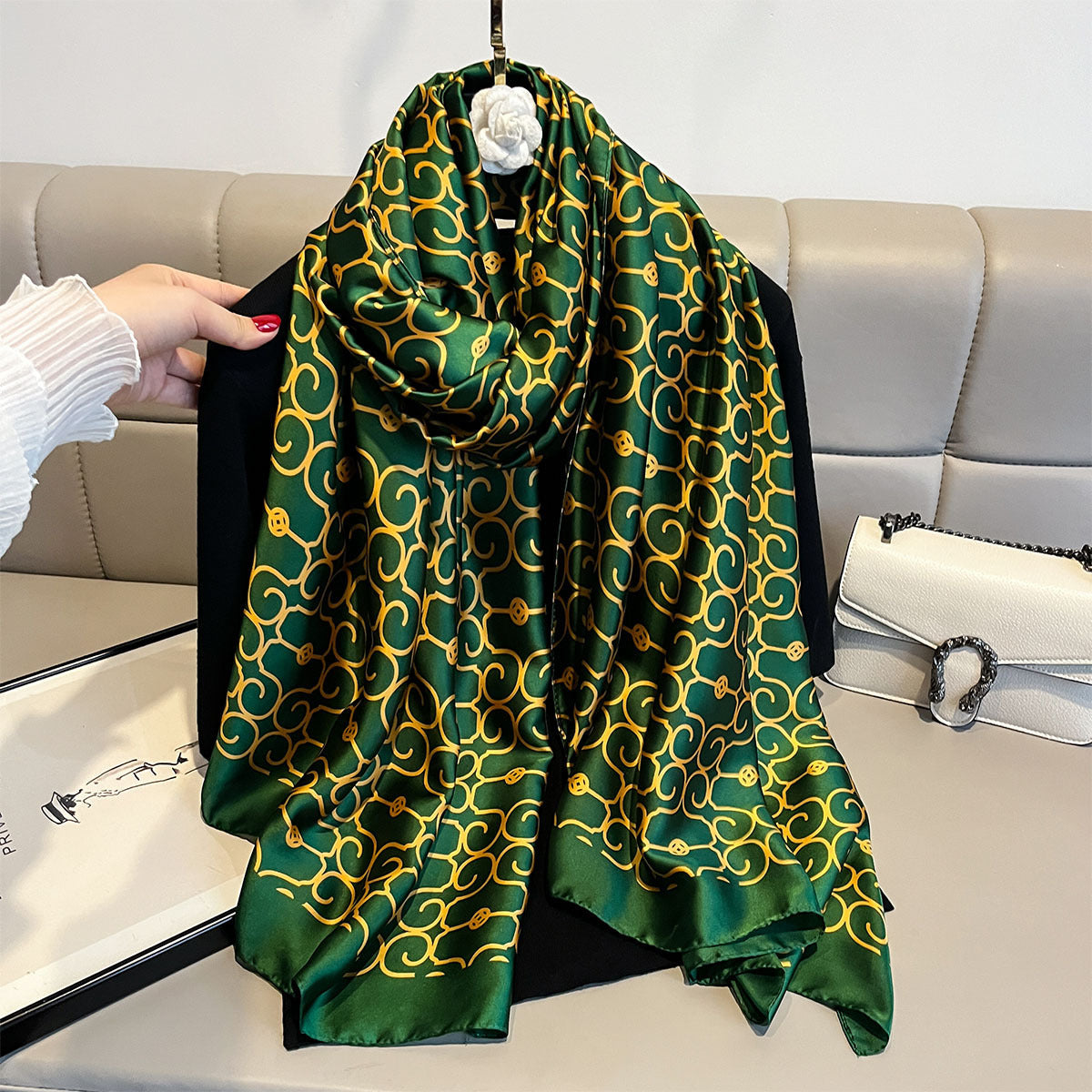 Versatile Korean Chic Line Print Satin Silk Scarf for Women