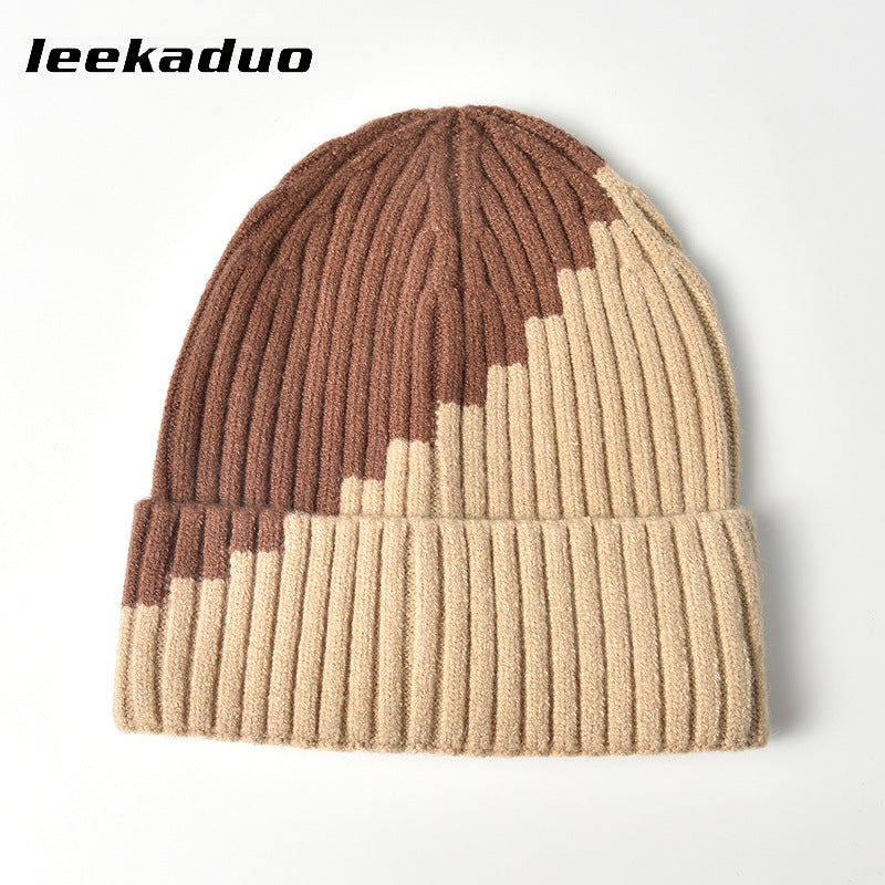 Color-blocked woolen hat men's winter rolled ear cap