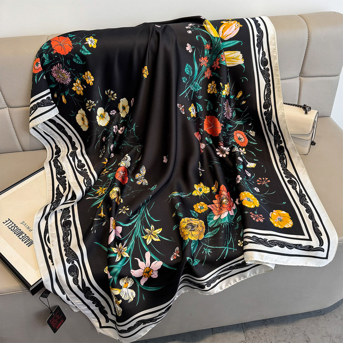 Women's Elegant Black Floral Border Satin Silk Scarf