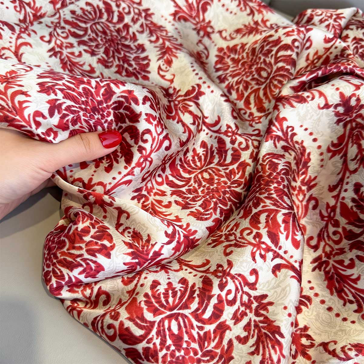 Elegant Red Floral Design Luxury Satin Silk Scarf