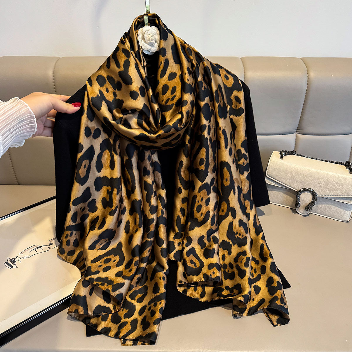 Wild Allure Luxurious Leopard Pattern Satin Silk Scarf For Women