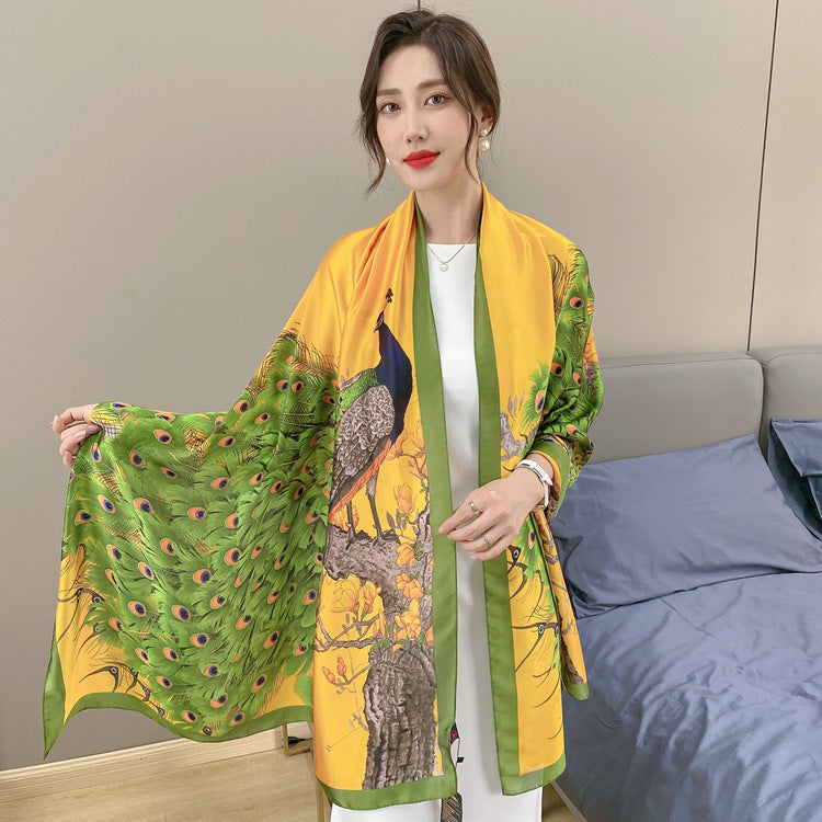 Elegant Peacock Illustration Pattern Printed Beautiful Satin Silk Scarf
