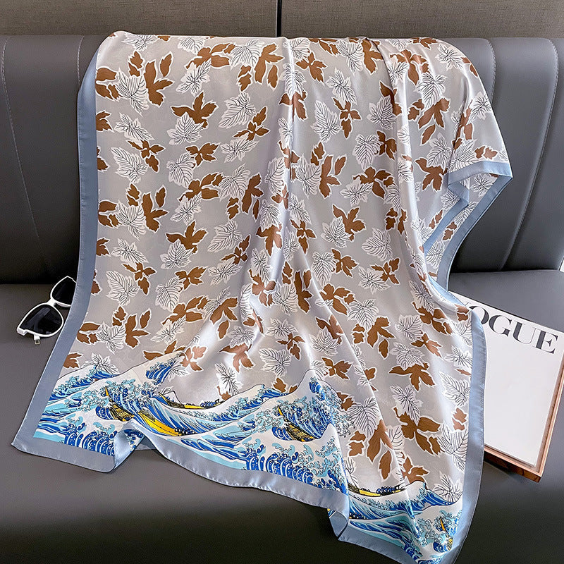 Beautiful Sea Wave & Floral pattern printed Satin Silk Scarf