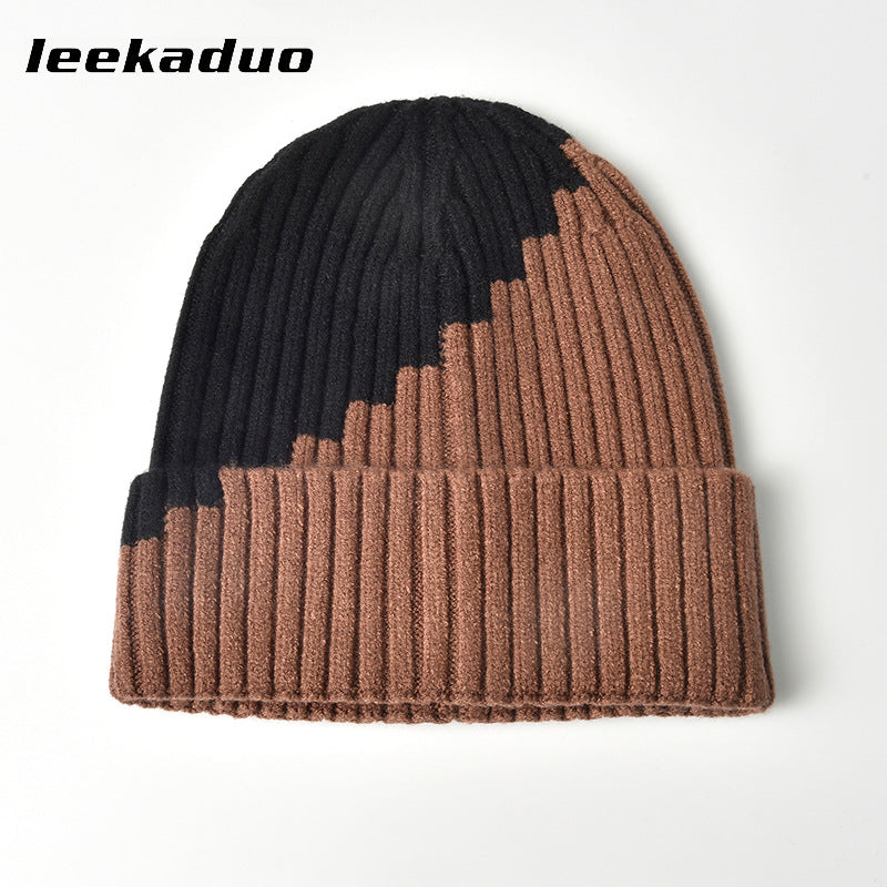 Color-blocked woolen hat men's winter rolled ear cap