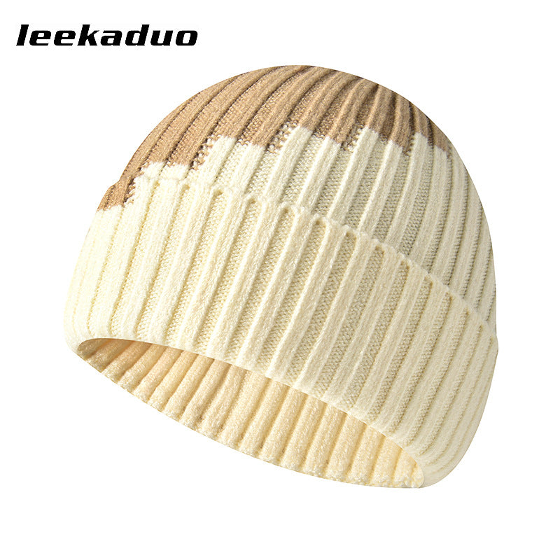 Color-blocked woolen hat men's winter rolled ear cap