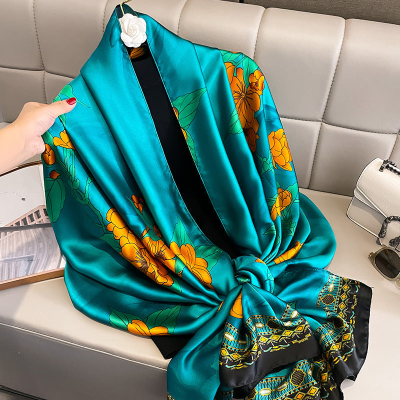 Aqua Floral Printed Luxury Satin Silk Scarf for Women