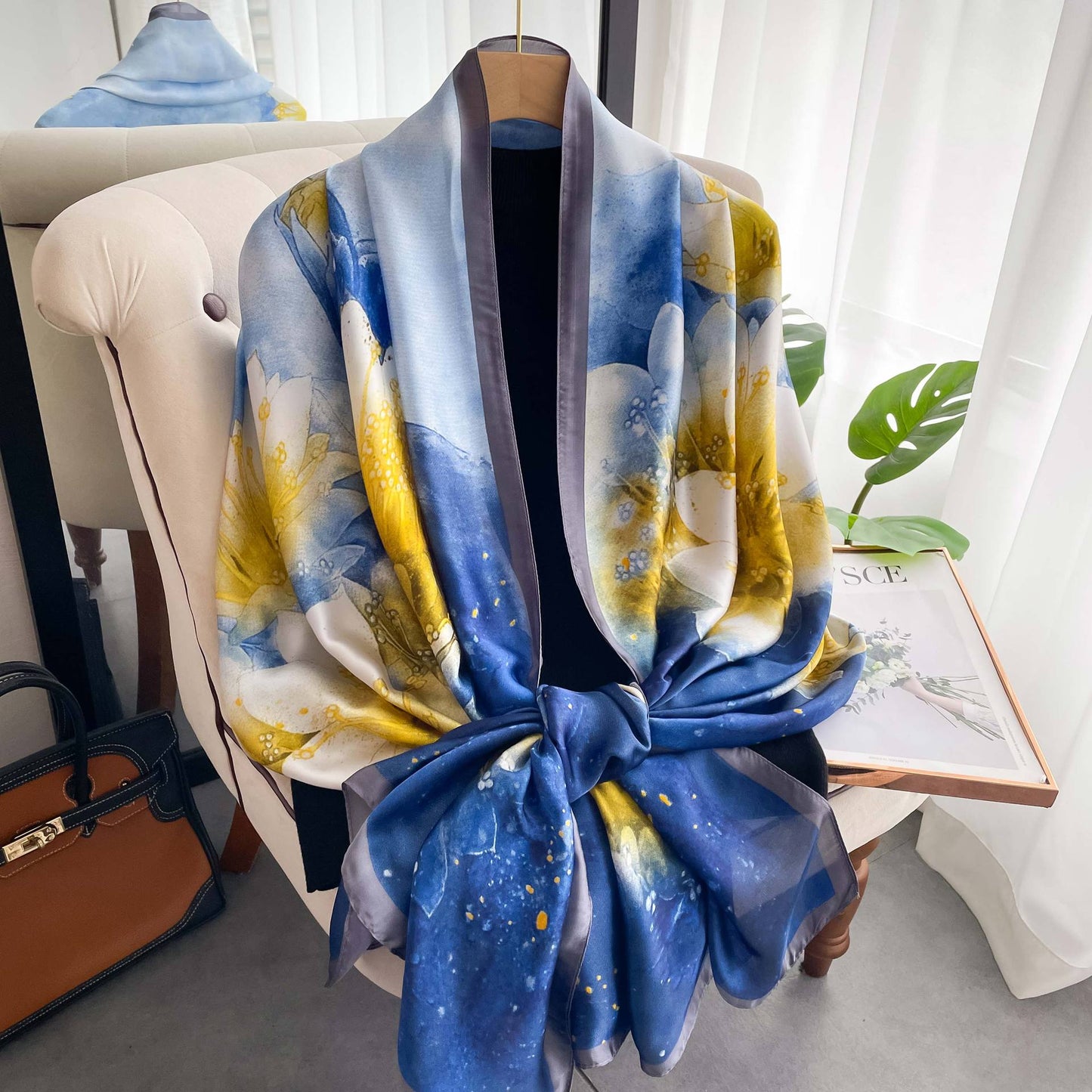 Water Bloom Floral Printed High Quality Satin Silk Scarves