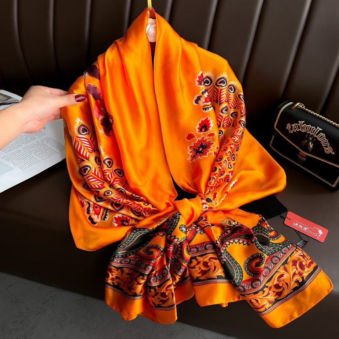Colorful Floral Design Ethnic Pattern printed Satin Silk Scarf