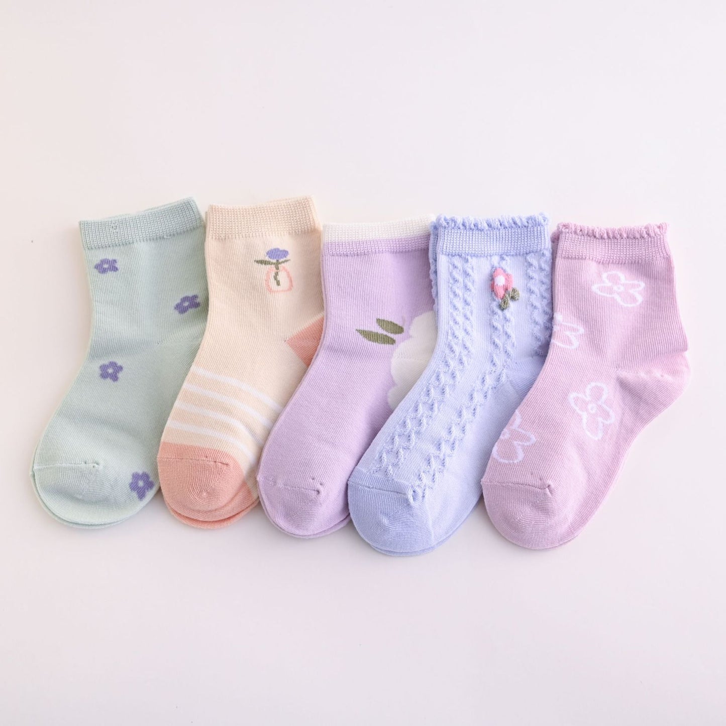 5 Piece Set Colorful Floral Design Cotton Socks for Girls