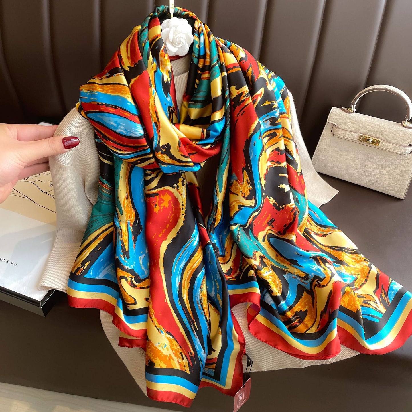 Color Wave Oil Painting Long Satin Silk Women's Scarf