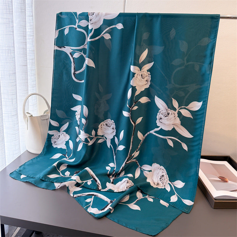 Monochrome Floral Design Women's Satin Silk Scarf