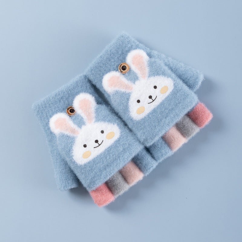 Baby's Cute Cartoon Design Thick Fleece Half Finger Flip Gloves