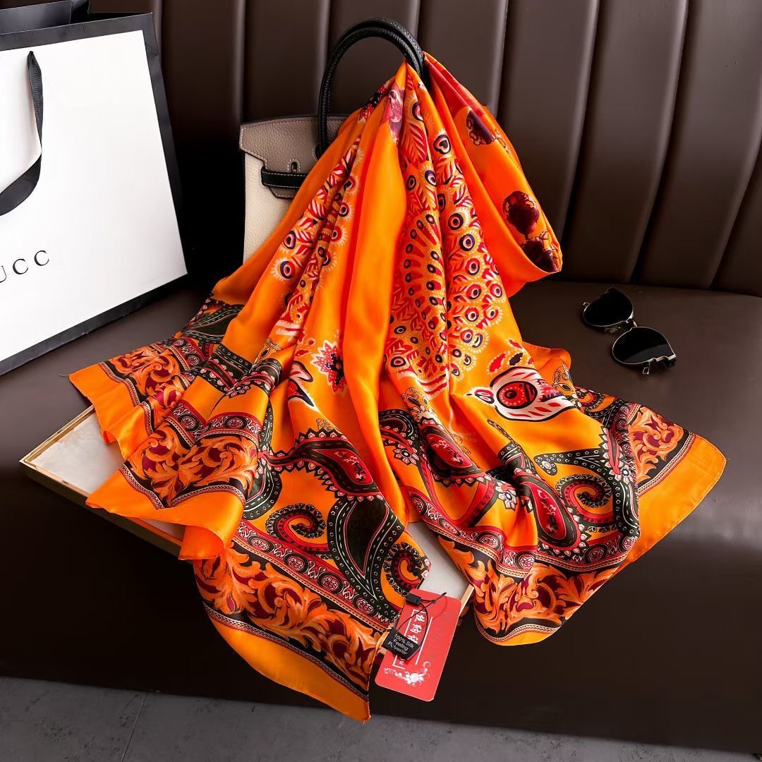 Colorful Floral Design Ethnic Pattern printed Satin Silk Scarf