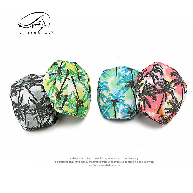 Vintage Tie-Dye Beret Beach Coconut Tree Print Versatile Cap
