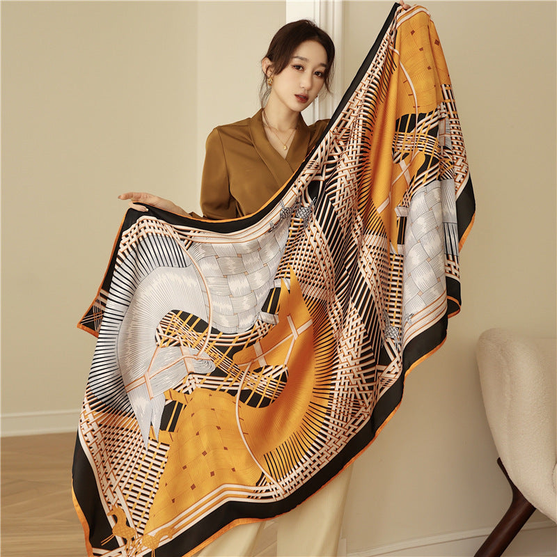 Korean style elegant geometry pattern Satin silk scarf