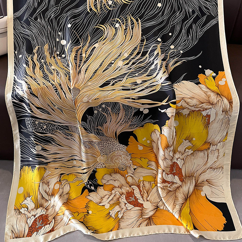 Elegant Floral Design Printed Satin Silk Scarf for Women