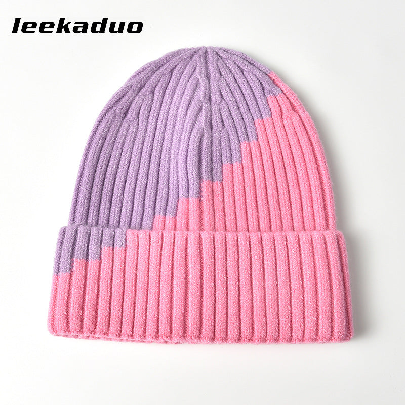 Color-blocked woolen hat men's winter rolled ear cap