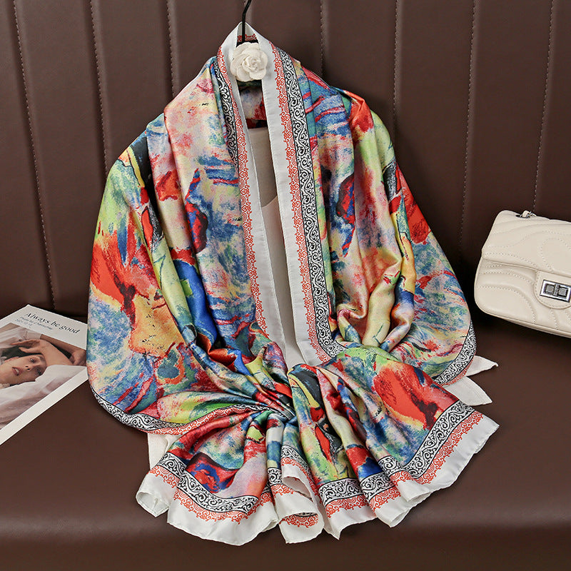 Vibrant Abstract Oil Painting printed Women's Satin Silk Scarf
