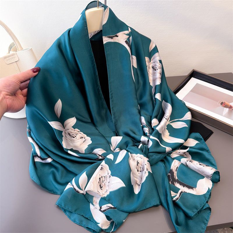 Monochrome Floral Design Women's Satin Silk Scarf