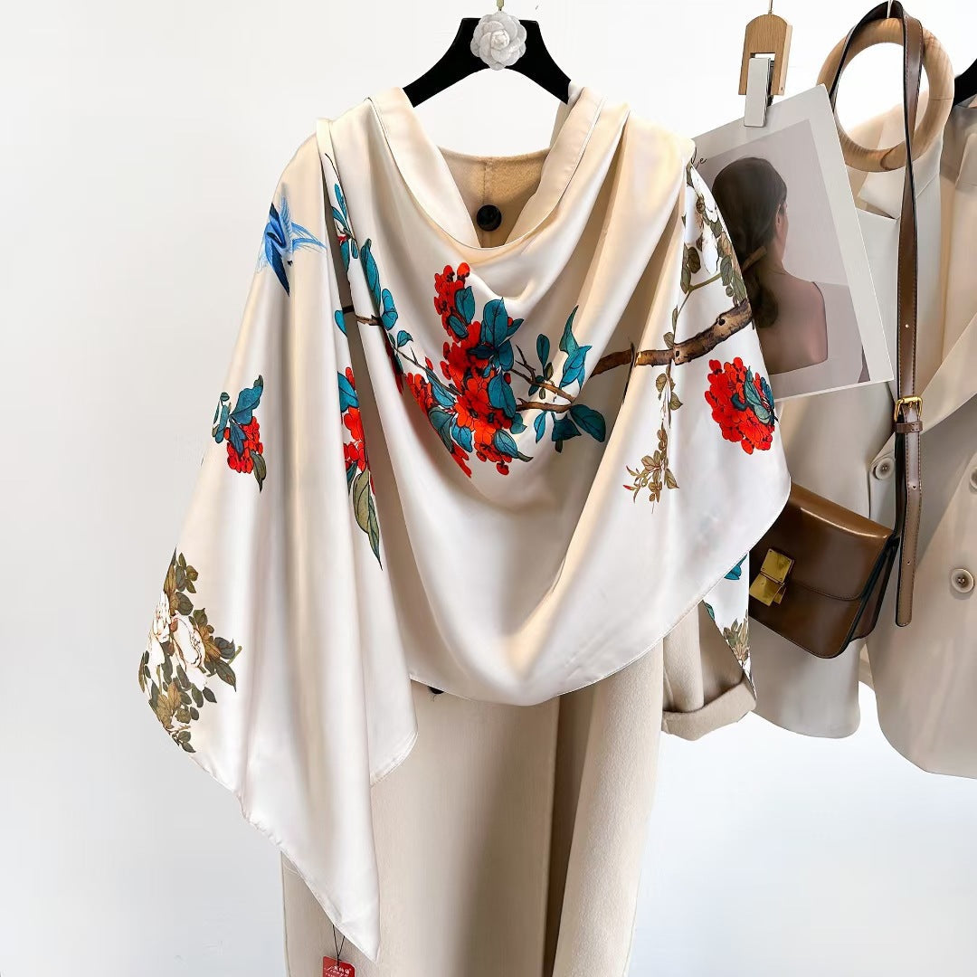 Elegant Floral Design Milky White Satin Silk Scarf