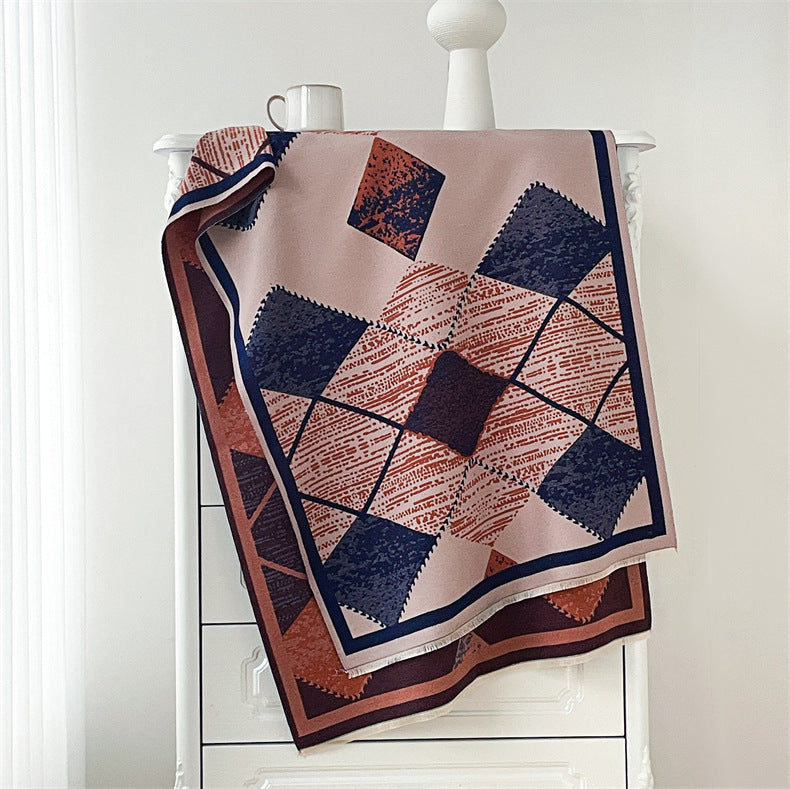 Soft Cotton-Blend Double-Sided Printed Geometric Design Winter Shawl