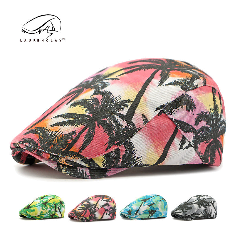 Vintage Tie-Dye Beret Beach Coconut Tree Print Versatile Cap