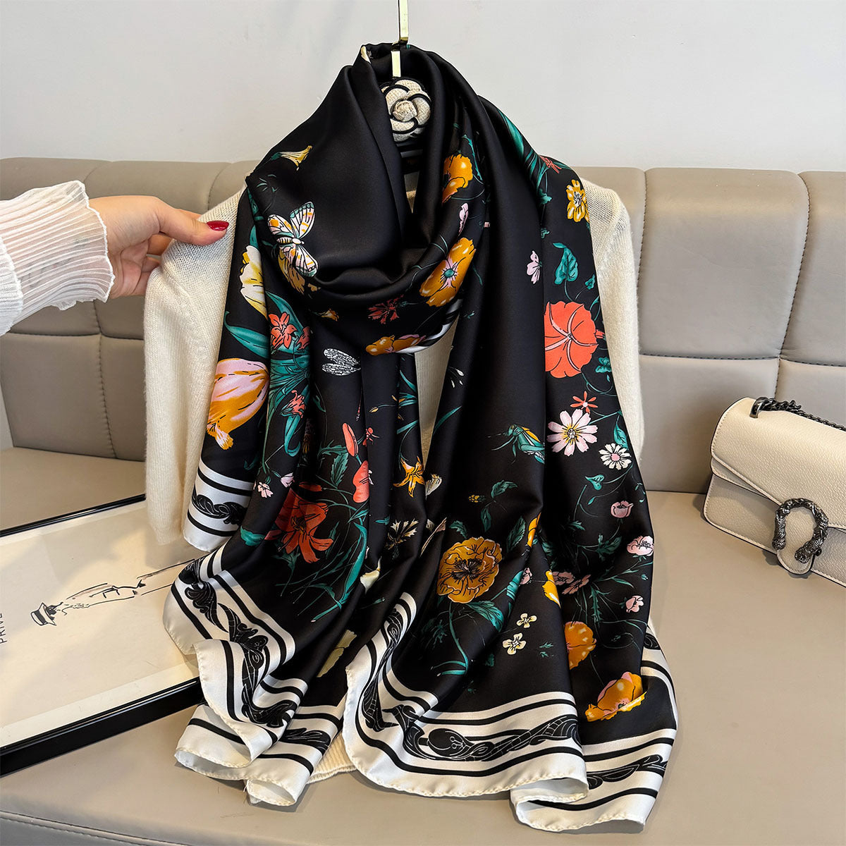 Women's Elegant Black Floral Border Satin Silk Scarf