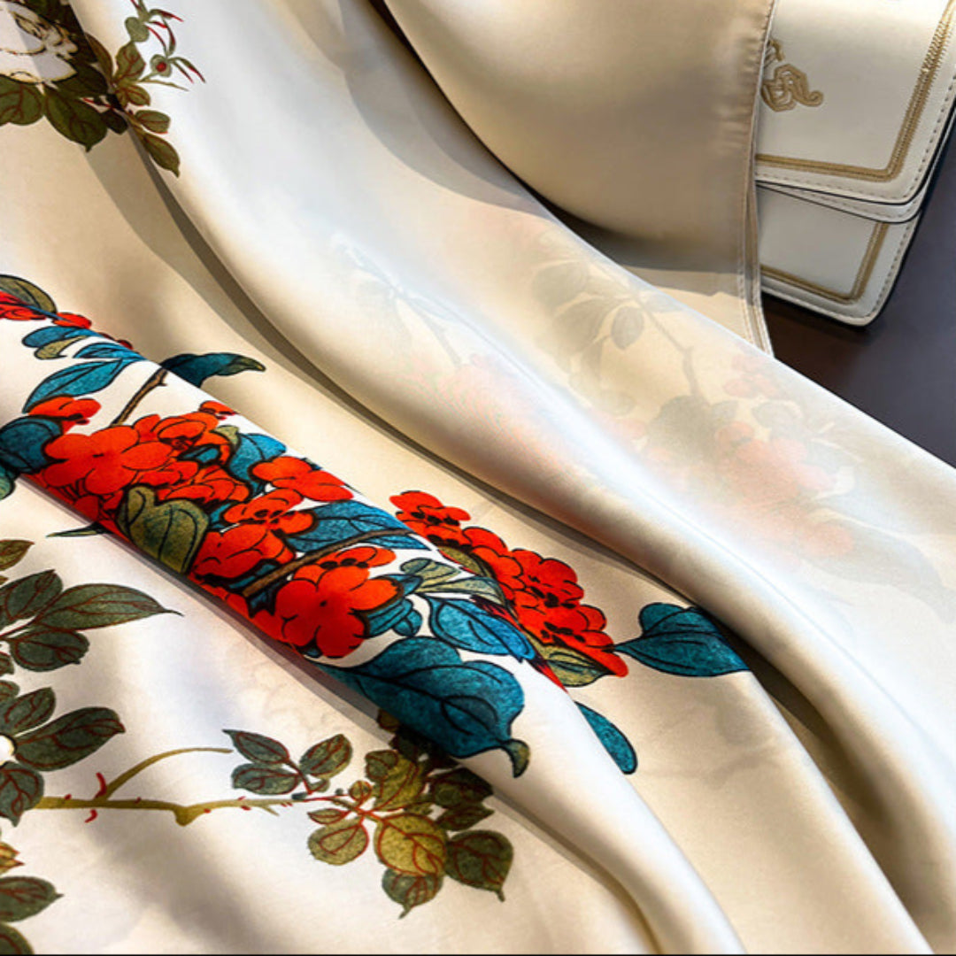 Elegant Floral Design Milky White Satin Silk Scarf