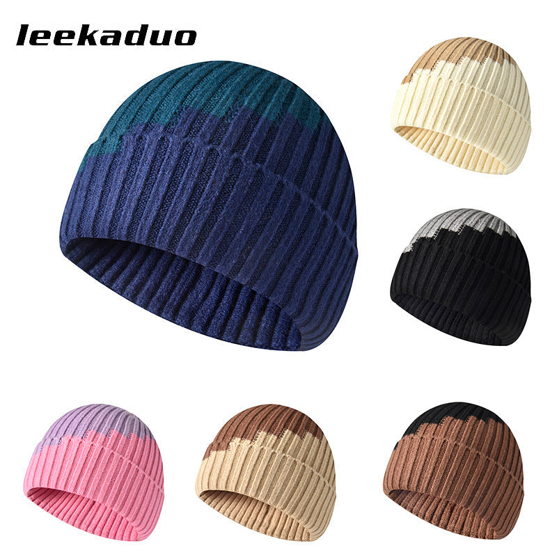 Color-blocked woolen hat men's winter rolled ear cap