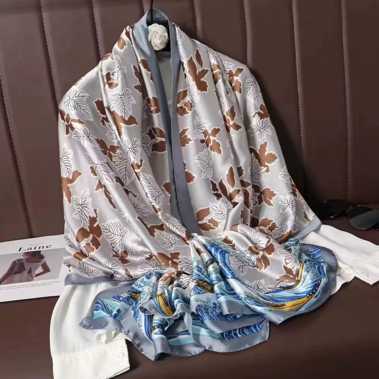Beautiful Sea Wave & Floral pattern printed Satin Silk Scarf