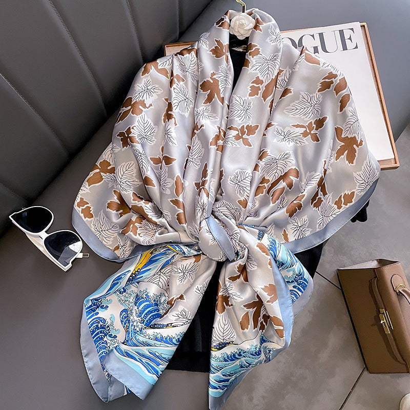 Beautiful Sea Wave & Floral pattern printed Satin Silk Scarf
