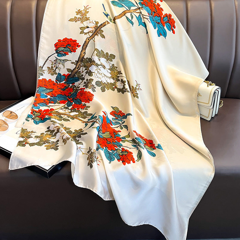 Elegant Floral Design Milky White Satin Silk Scarf