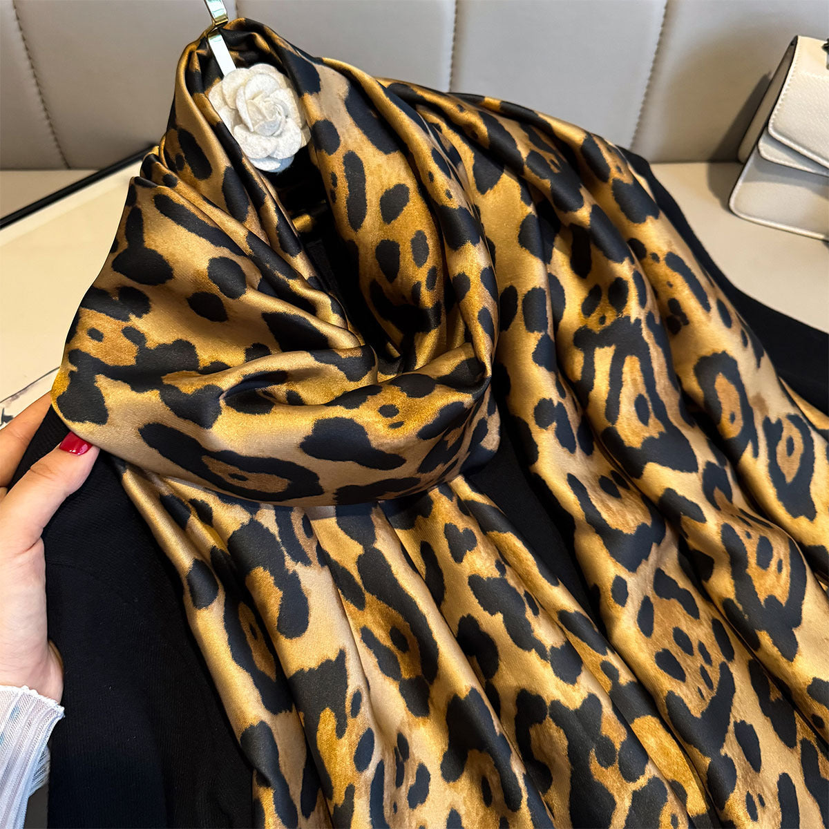 Wild Allure Luxurious Leopard Pattern Satin Silk Scarf For Women