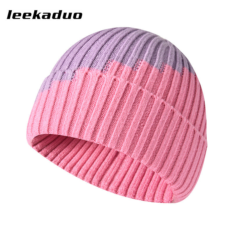 Color-blocked woolen hat men's winter rolled ear cap
